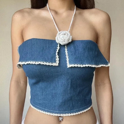 Y2K Lace Trim Denim Tube Top