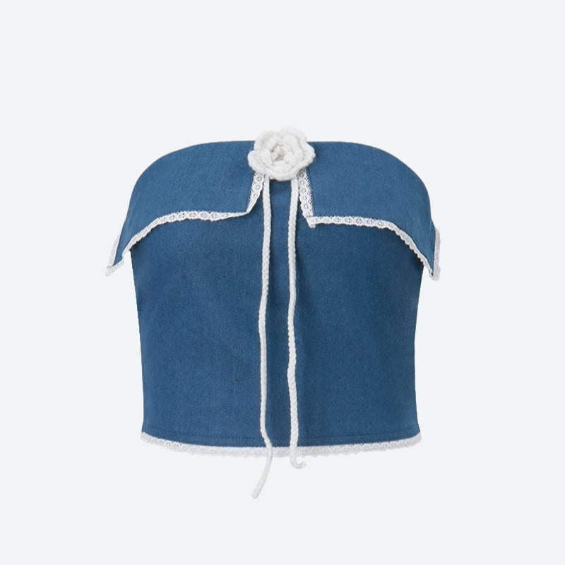 Y2K Lace Trim Denim Tube Top