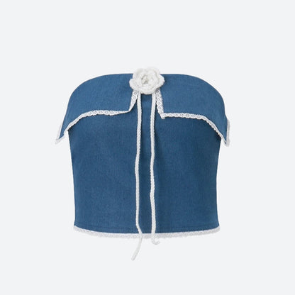 Y2K Lace Trim Denim Tube Top