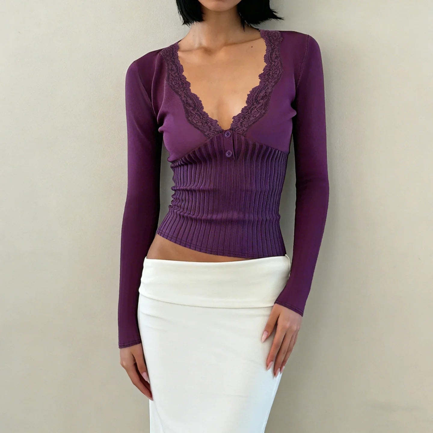 Y2K Lace Trim Henley Top