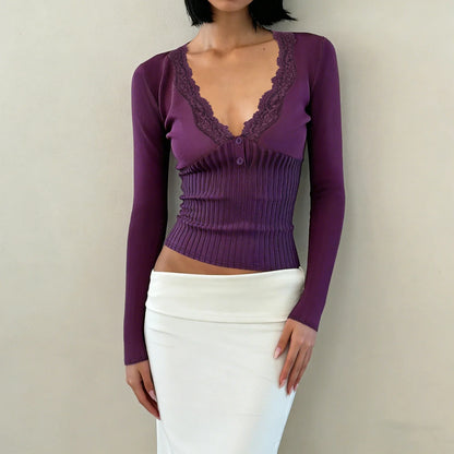 Y2K Lace Trim Henley Top