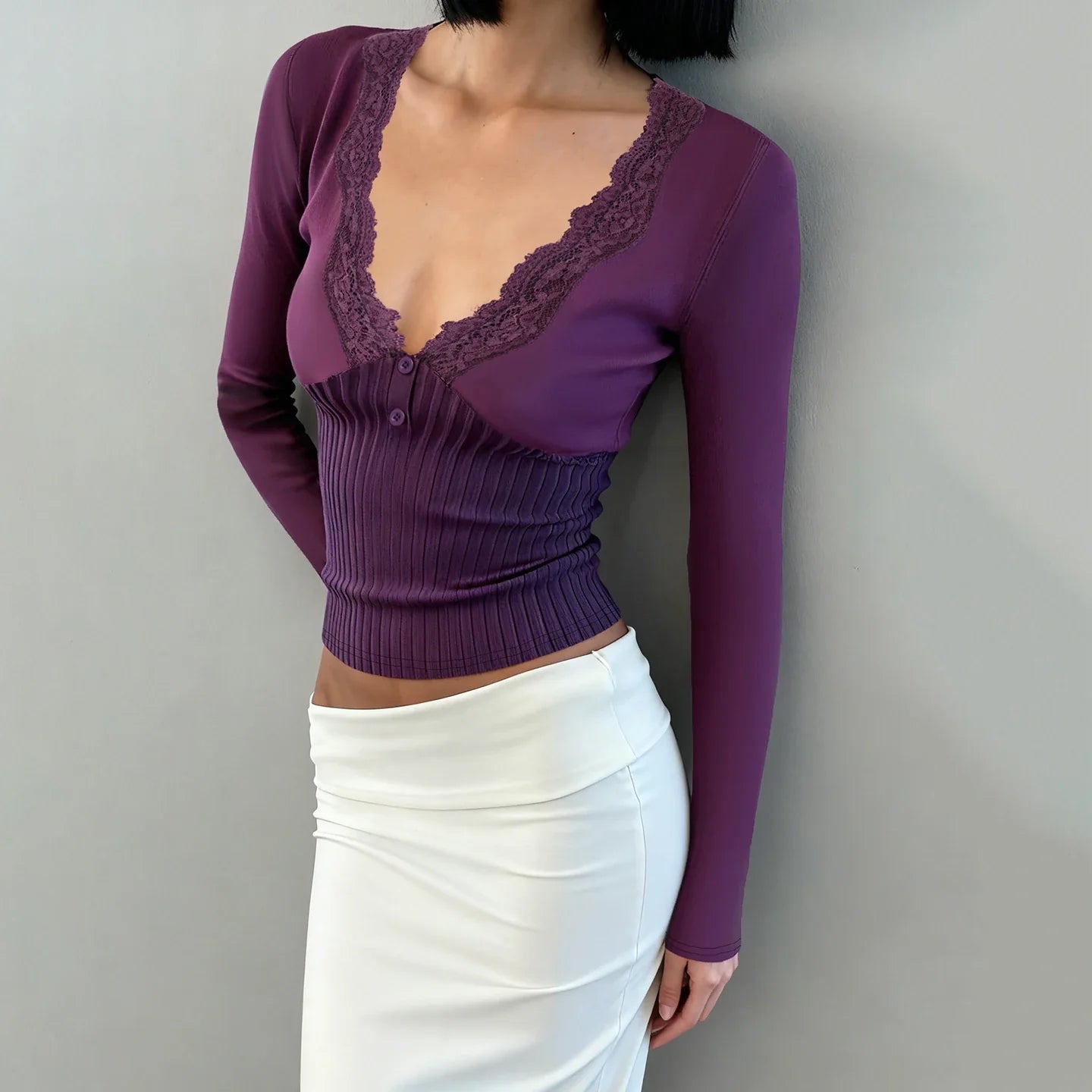 Y2K Lace Trim Henley Top