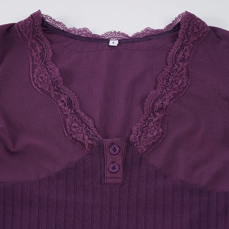 Y2K Lace Trim Henley Top