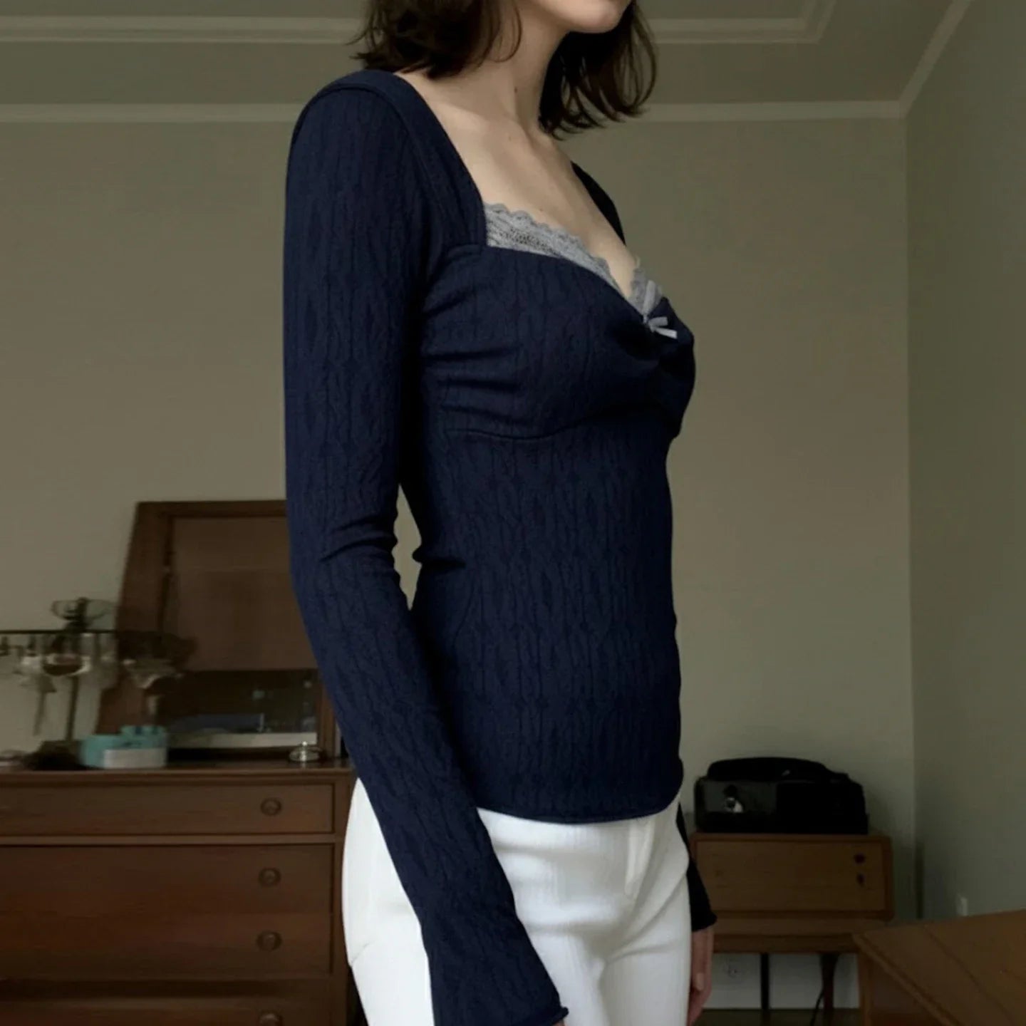 Y2K Lace Trim Knit Top