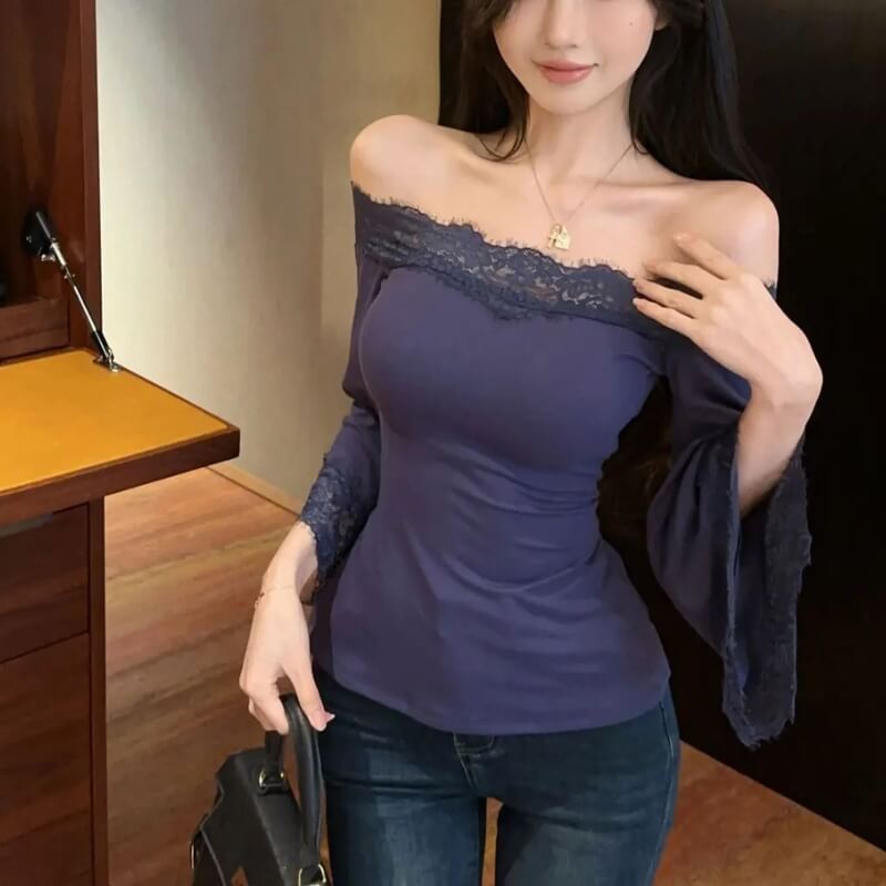 Y2K Lace Trim Off Shoulder Top