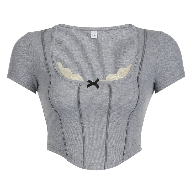Y2K Lace Trim Ribbed Crop Top