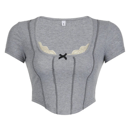 Y2K Lace Trim Ribbed Crop Top