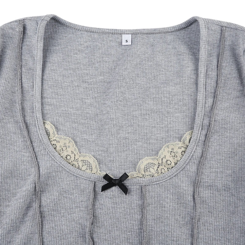 Y2K Lace Trim Ribbed Crop Top