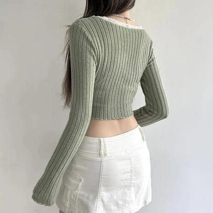 Y2K Lace Trim Slit Plush Top