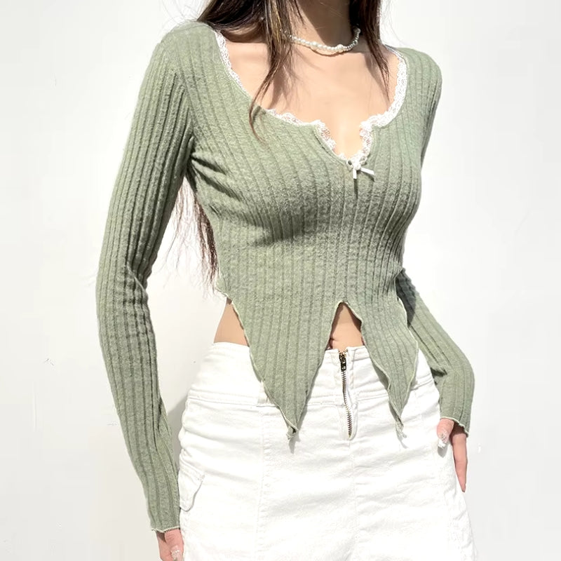 Y2K Lace Trim Slit Plush Top