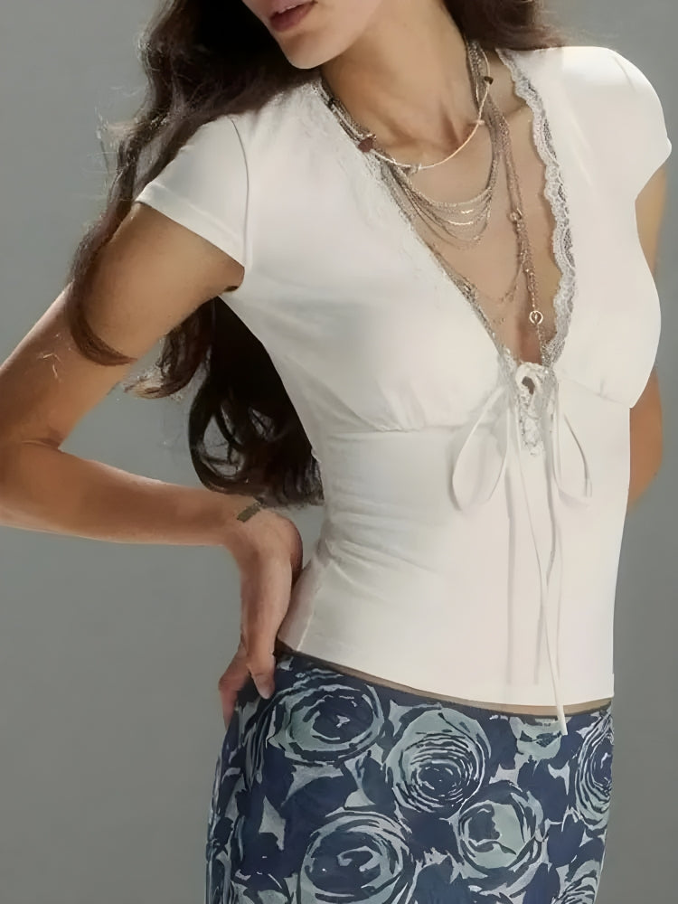 Y2K Lace Trim Tie Front Top
