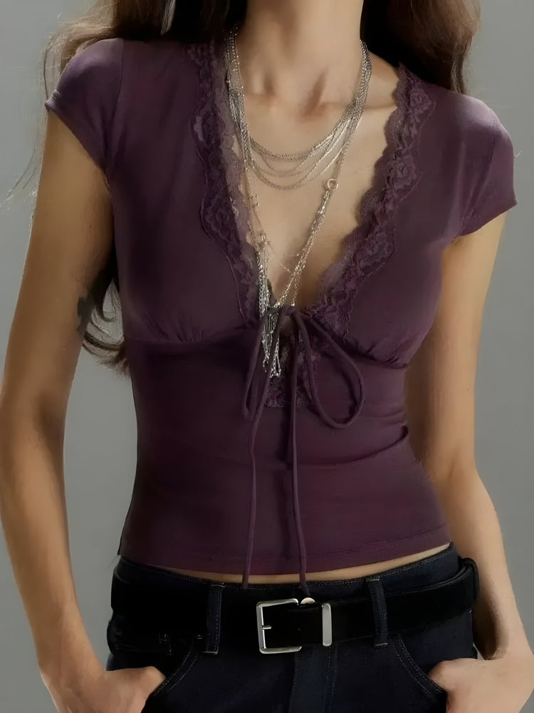 Y2K Lace Trim Tie Front Top