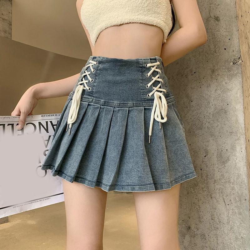 Y2K Lace Up Denim Mini Skirt