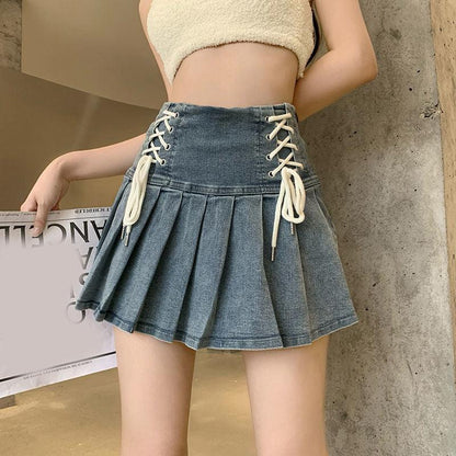 Y2K Lace Up Denim Mini Skirt