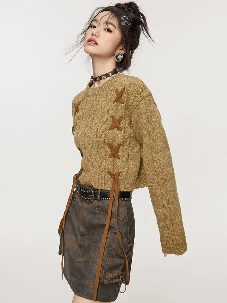 Y2K Lace-Up Detail Crop Sweater