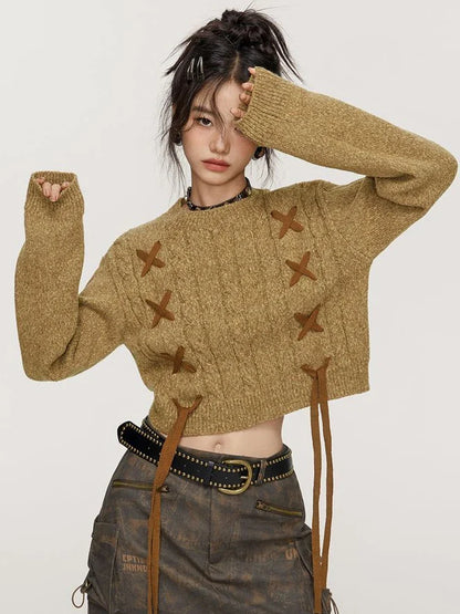 Y2K Lace-Up Detail Crop Sweater