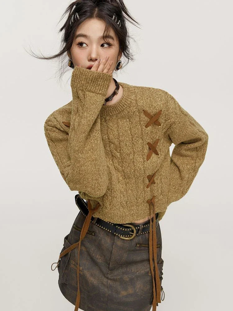 Y2K Lace-Up Detail Crop Sweater