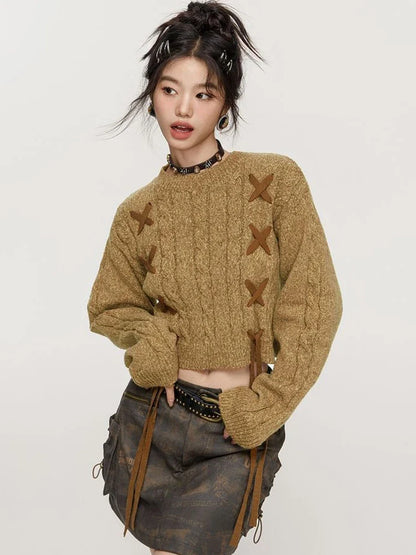 Y2K Lace-Up Detail Crop Sweater