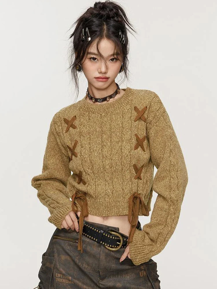 Y2K Lace-Up Detail Crop Sweater