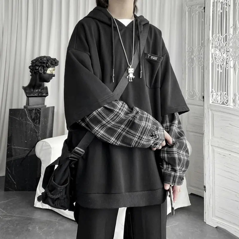 Y2K Layered Plaid Sleeve Hoodie