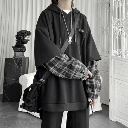 Y2K Layered Plaid Sleeve Hoodie