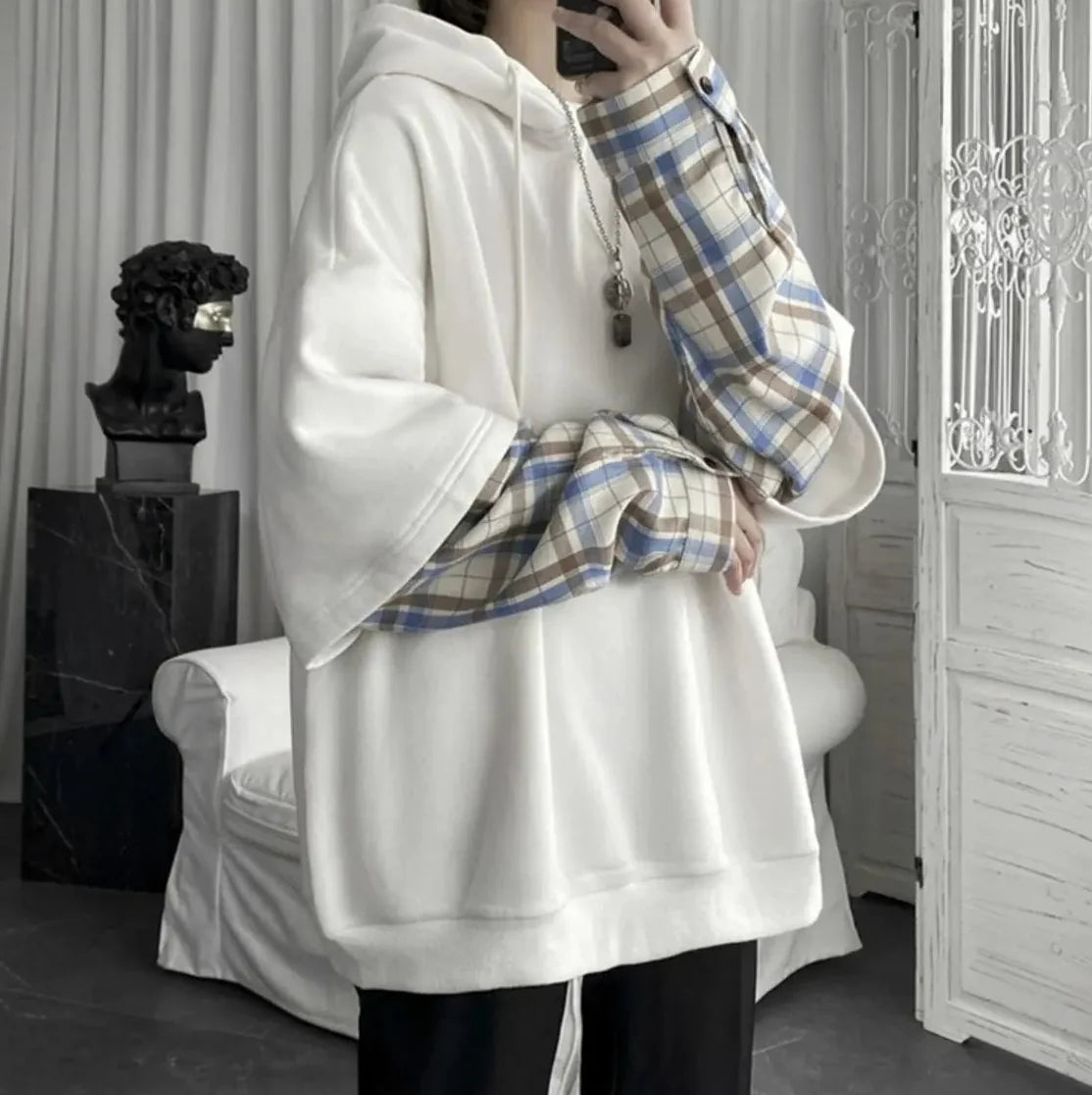 Y2K Layered Plaid Sleeve Hoodie