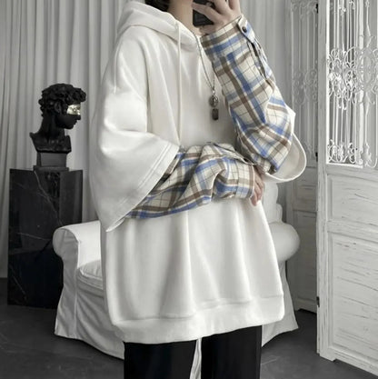 Y2K Layered Plaid Sleeve Hoodie