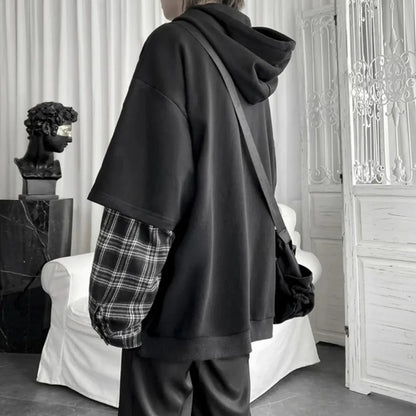 Y2K Layered Plaid Sleeve Hoodie