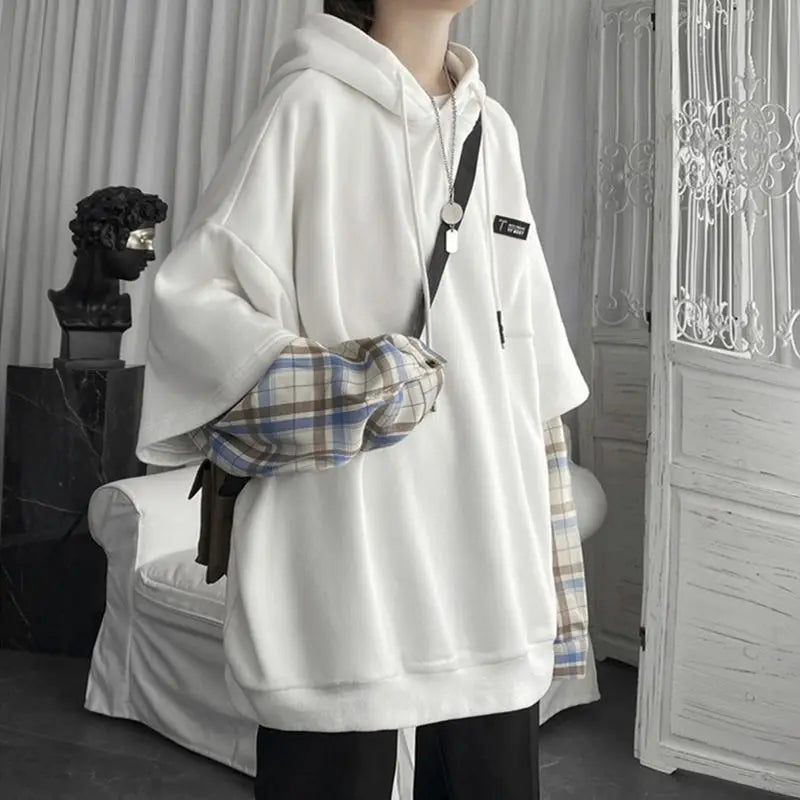 Y2K Layered Plaid Sleeve Hoodie