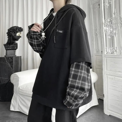 Y2K Layered Plaid Sleeve Hoodie
