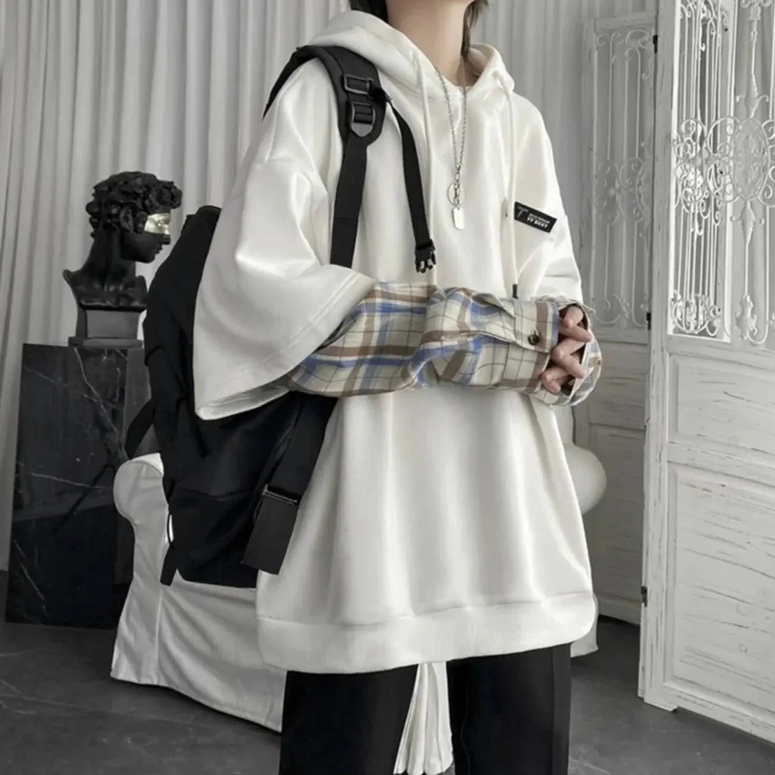 Y2K Layered Plaid Sleeve Hoodie