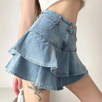 Y2K Layered Ruffled Denim Mini Skirt