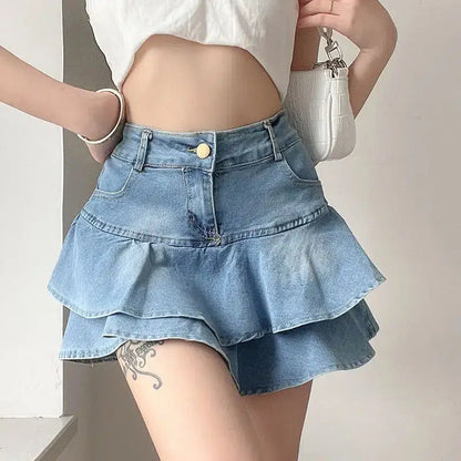 Y2K Layered Ruffled Denim Mini Skirt