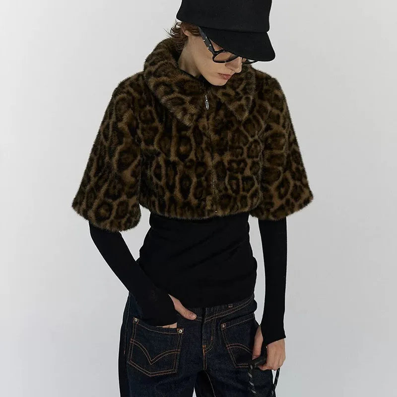 Y2K Leopard Faux Fur Cropped Jacket