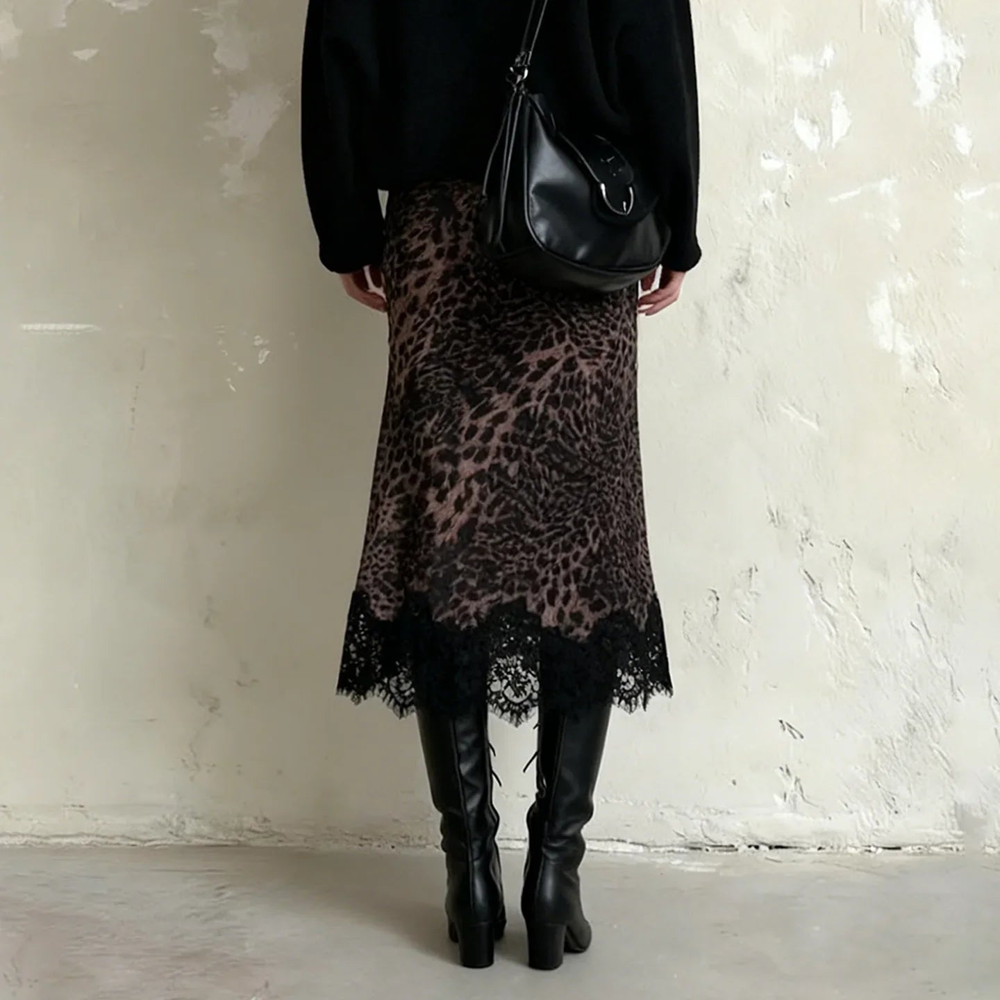 Y2K Leopard Lace Hem Midi Skirt