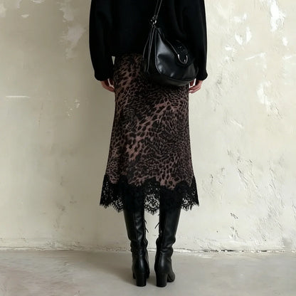 Y2K Leopard Lace Hem Midi Skirt