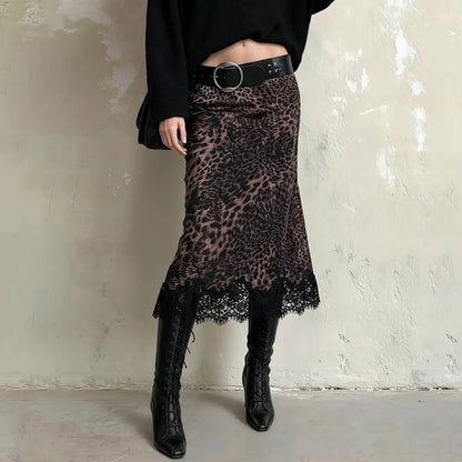 Y2K Leopard Lace Hem Midi Skirt