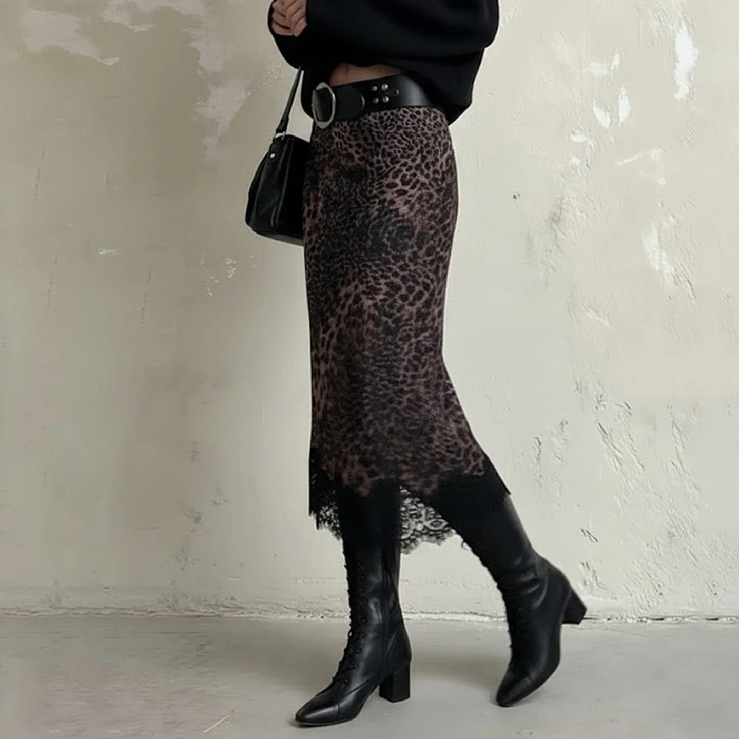 Y2K Leopard Lace Hem Midi Skirt