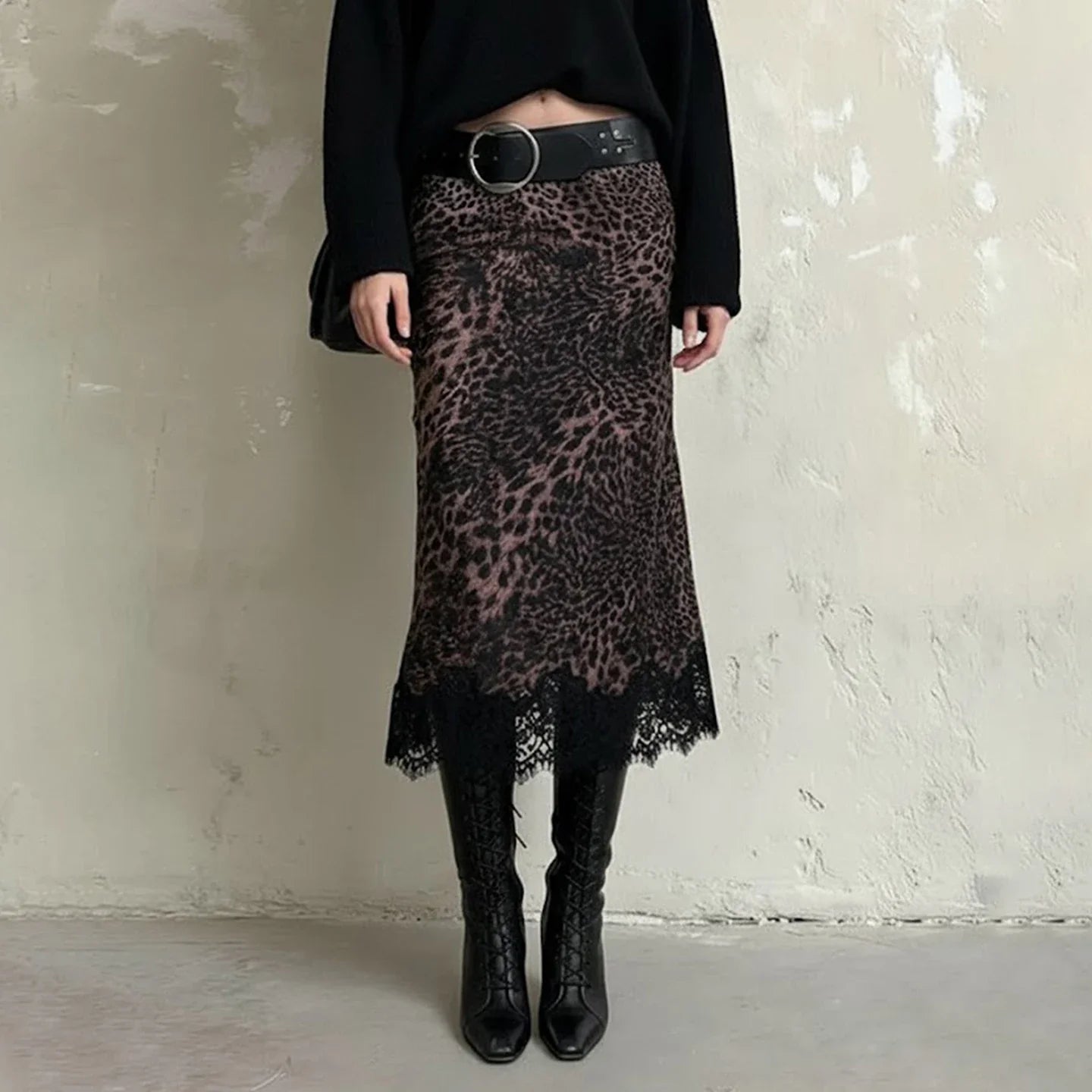 Y2K Leopard Lace Hem Midi Skirt