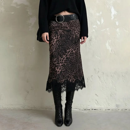 Y2K Leopard Lace Hem Midi Skirt
