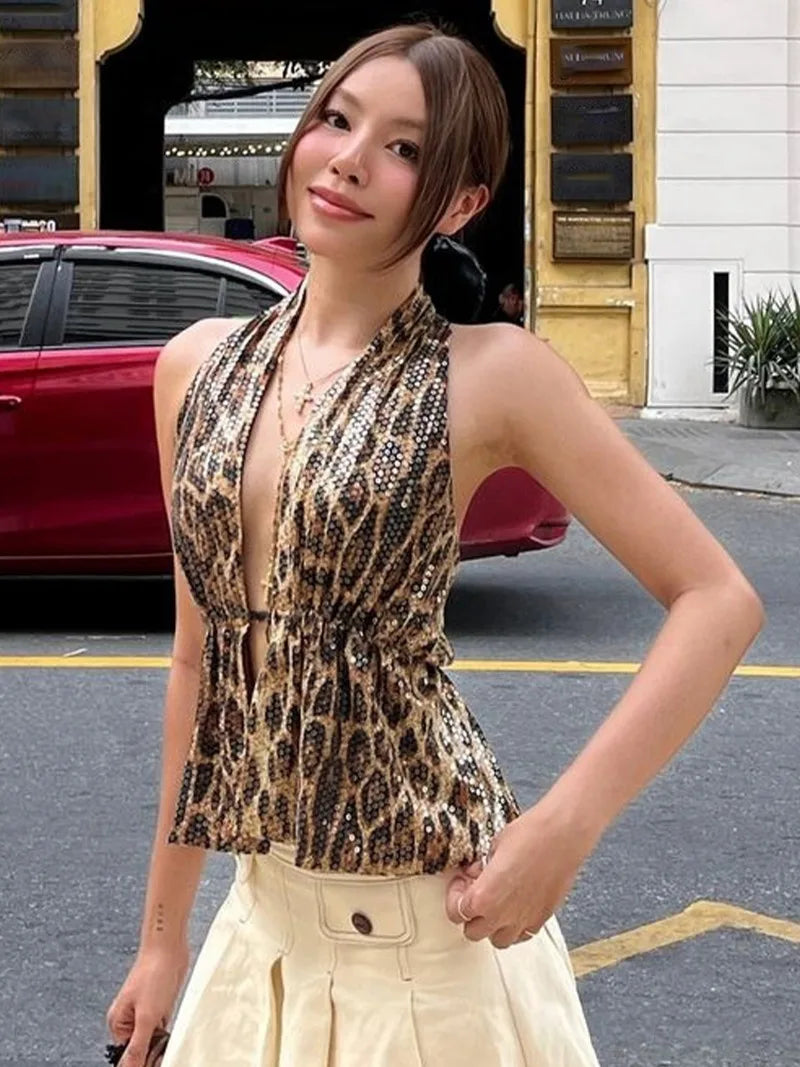 Y2K Leopard Sequin Halter Top