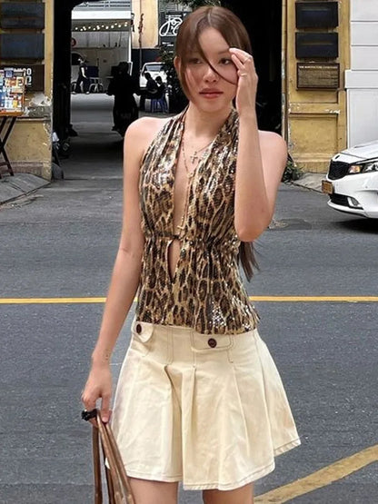 Y2K Leopard Sequin Halter Top