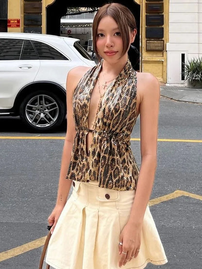 Y2K Leopard Sequin Halter Top