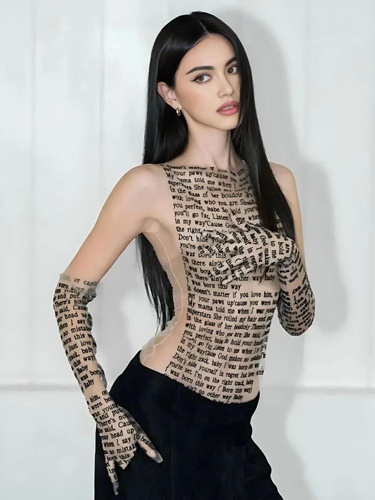 Y2K Letter Printed Top with Gloves