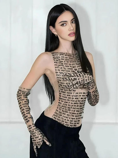 Y2K Letter Printed Top with Gloves