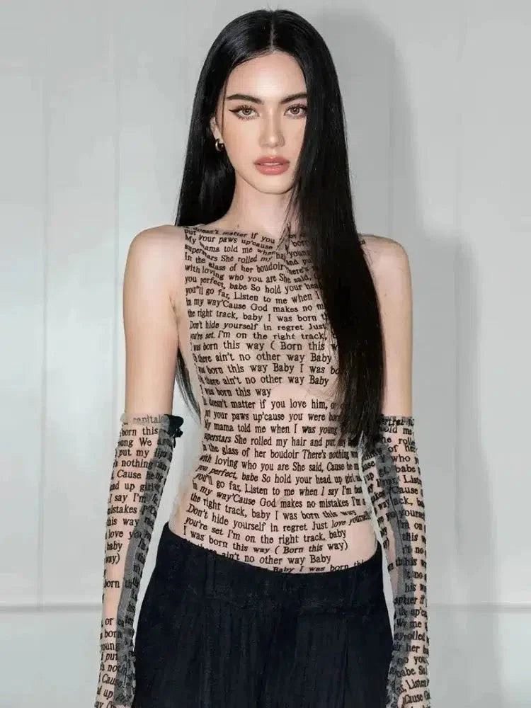 Y2K Letter Printed Top with Gloves