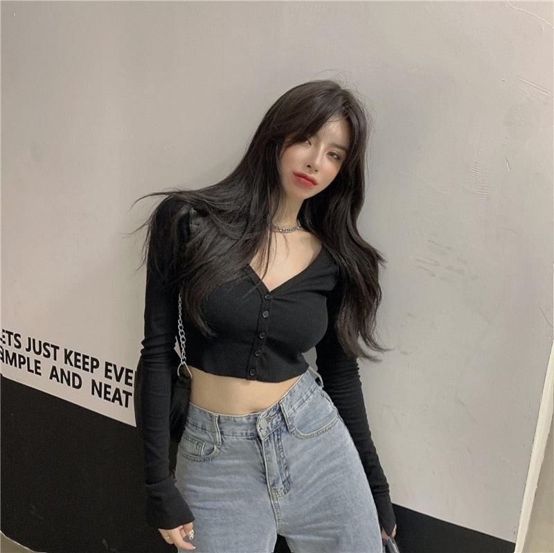 Y2K Long Sleeves Buttoned Crop Top