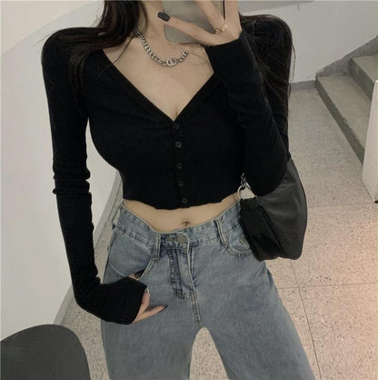 Y2K Long Sleeves Buttoned Crop Top