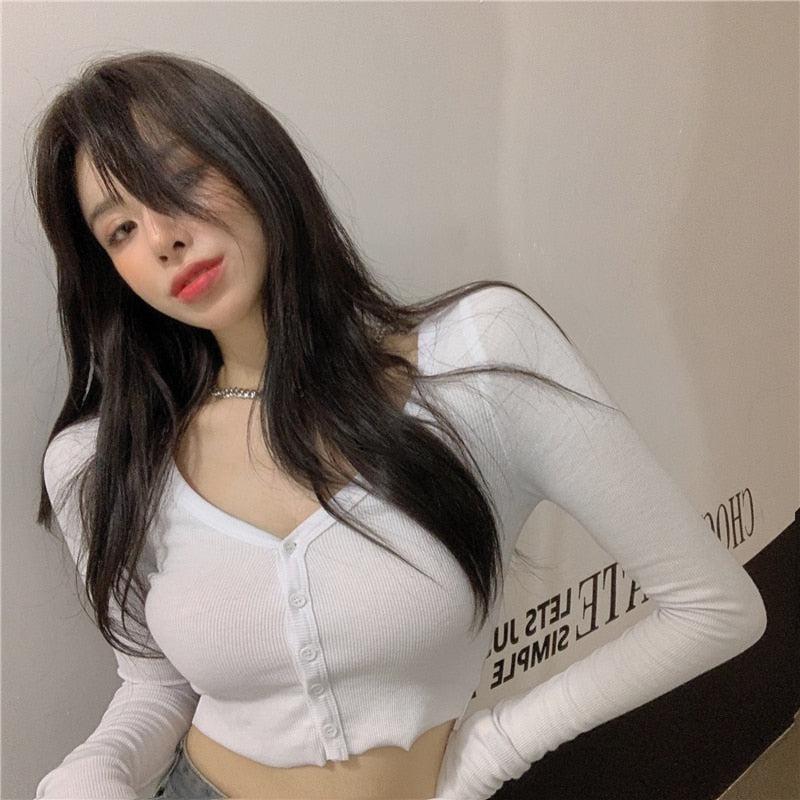 Y2K Long Sleeves Buttoned Crop Top