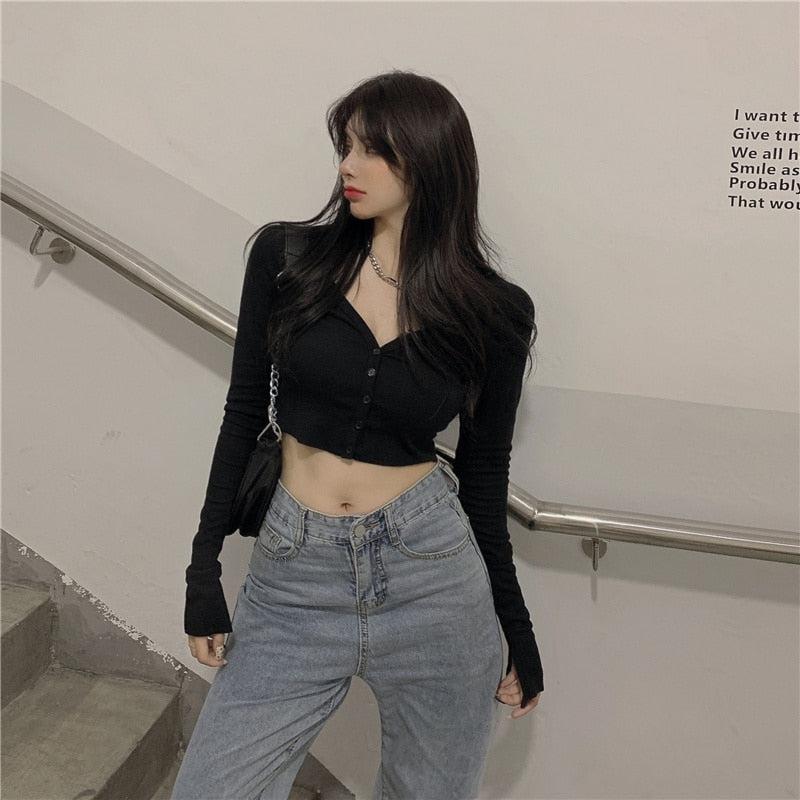 Y2K Long Sleeves Buttoned Crop Top